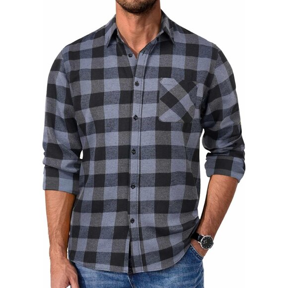 Men's Grey Flannel Shirts Long Sleeve Plaid Button Down Shirt Casual Shirt